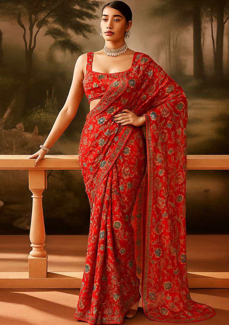 Orange Embroidered Organza Pre Draped Saree Set - Indya