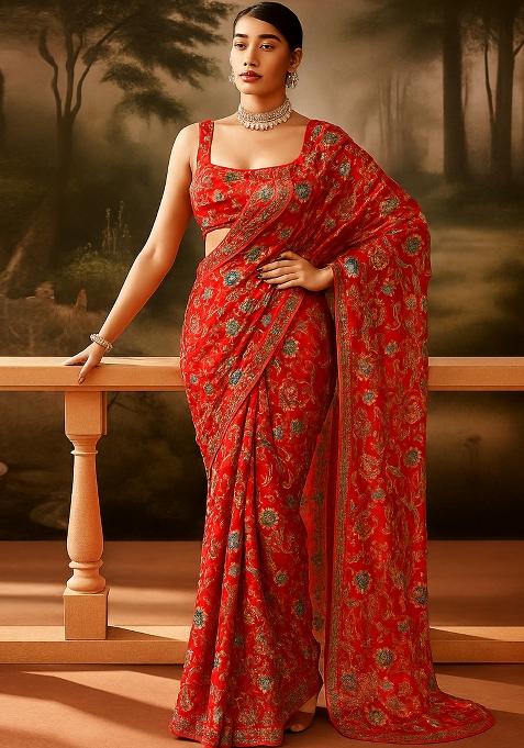 Orange Embroidered Organza Pre Draped Saree Set