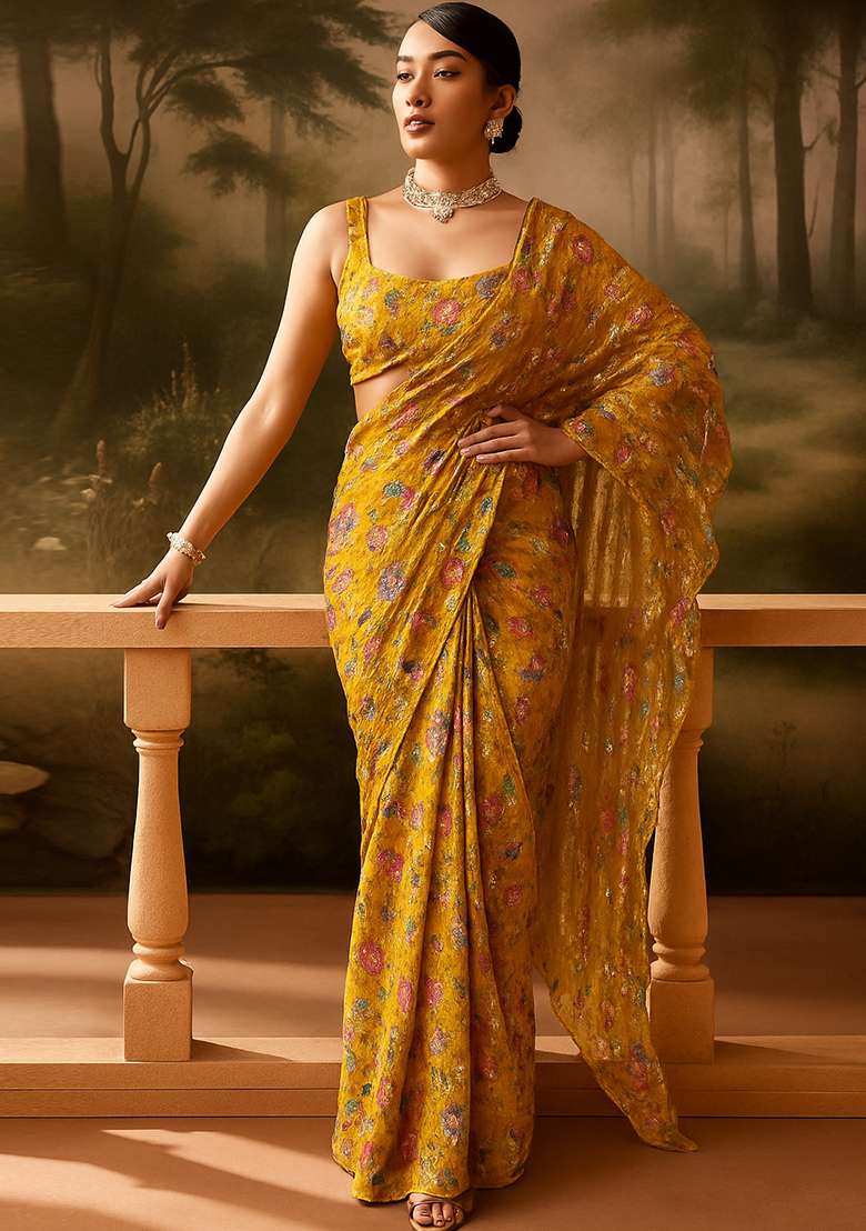 Yellow Embroidered Organza Pre Draped Saree Set - Indya