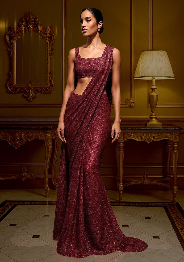 Purple Glitter Pre Draped Saree Set - Indya