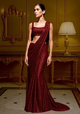 Maroon Glitter Polyester Pre Draped Saree Set