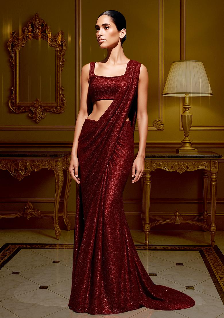 Maroon Glitter Pre Draped Saree Set