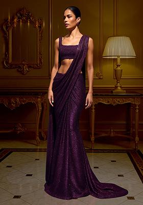 Purple Glitter Polyester Pre Draped Saree Set