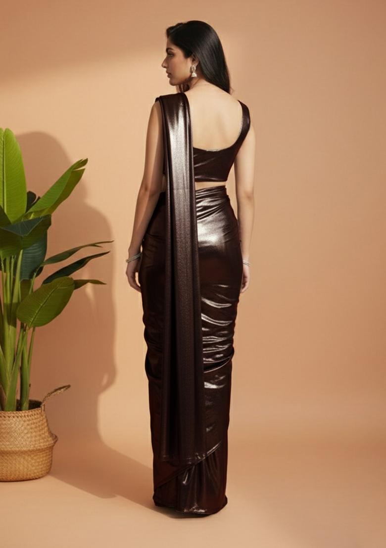 Black Glitter Polyester Pre Draped Saree Set - Indya