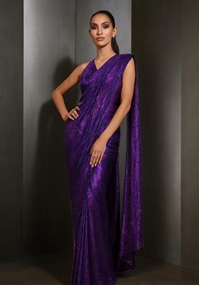 Blue Glitter Polyester Pre Draped Saree Set