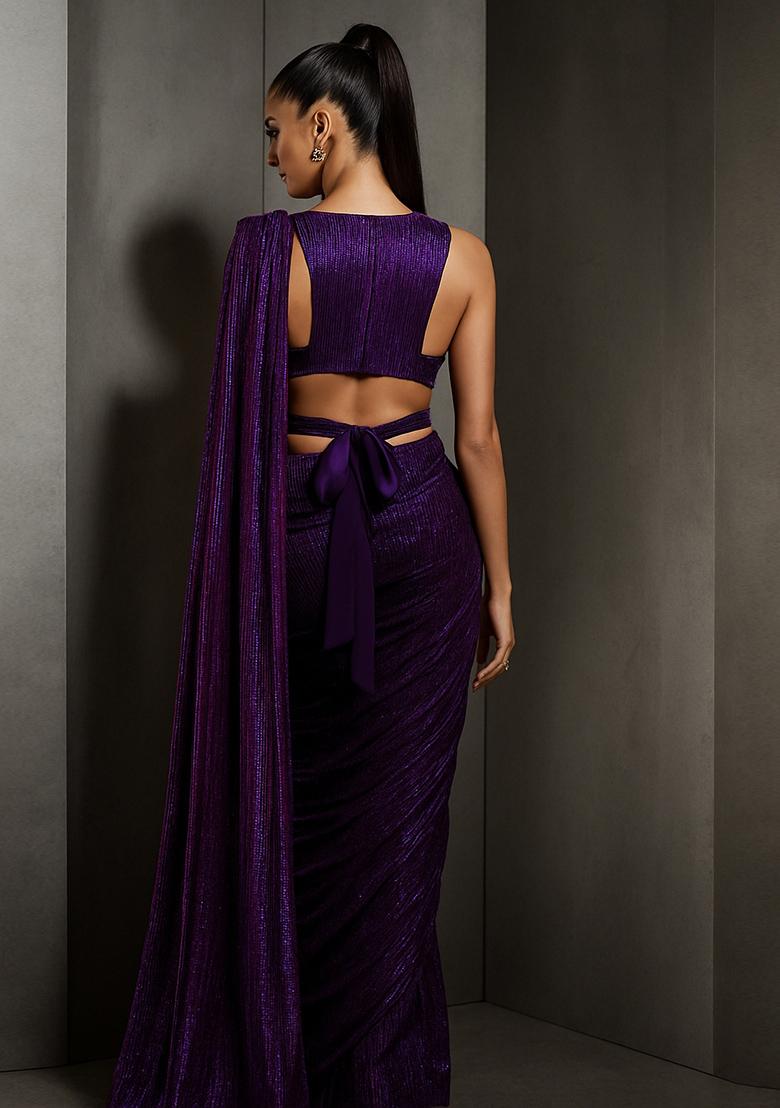 Blue Glitter Polyester Pre Draped Saree Set - Indya