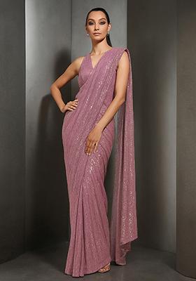 Pink Sequin Embellished Polyester Pre Draped Saree Set