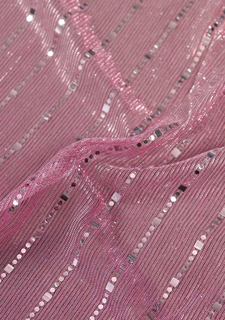 Pink Sequin Embellished Pre Draped Saree Set