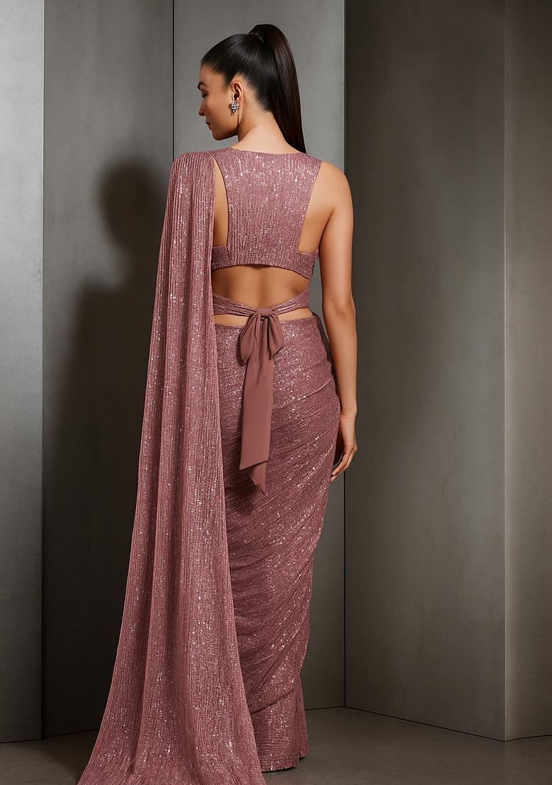 Grey Sequin Embellished Polyester Pre Draped Saree Set - Indya