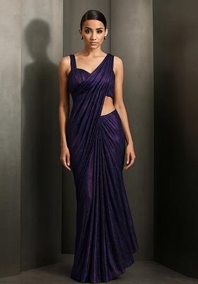 Purple Glitter Polyester Pre Draped Saree Set