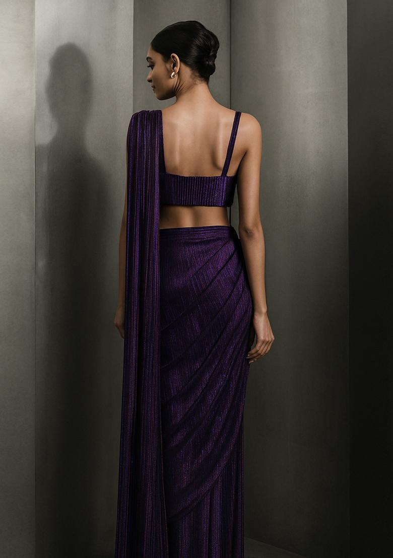 Purple Glitter Polyester Pre Draped Saree Set - Indya