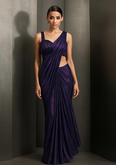 Purple Glitter Pre Draped Saree Set
