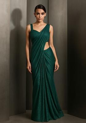 Green Glitter Polyester Pre Draped Saree Set