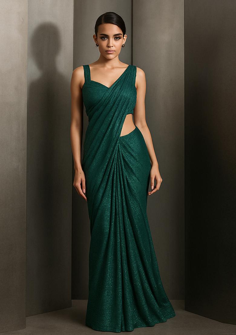 Green Glitter Pre Draped Saree Set