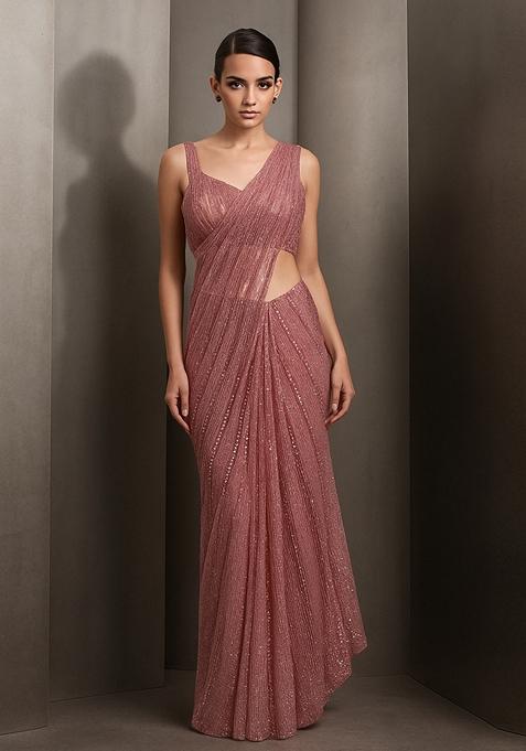 Pink Sequin Embellished Polyester Pre Draped Saree Set