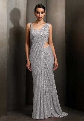 Grey Sequin Embellished Polyester Pre Draped Saree Set