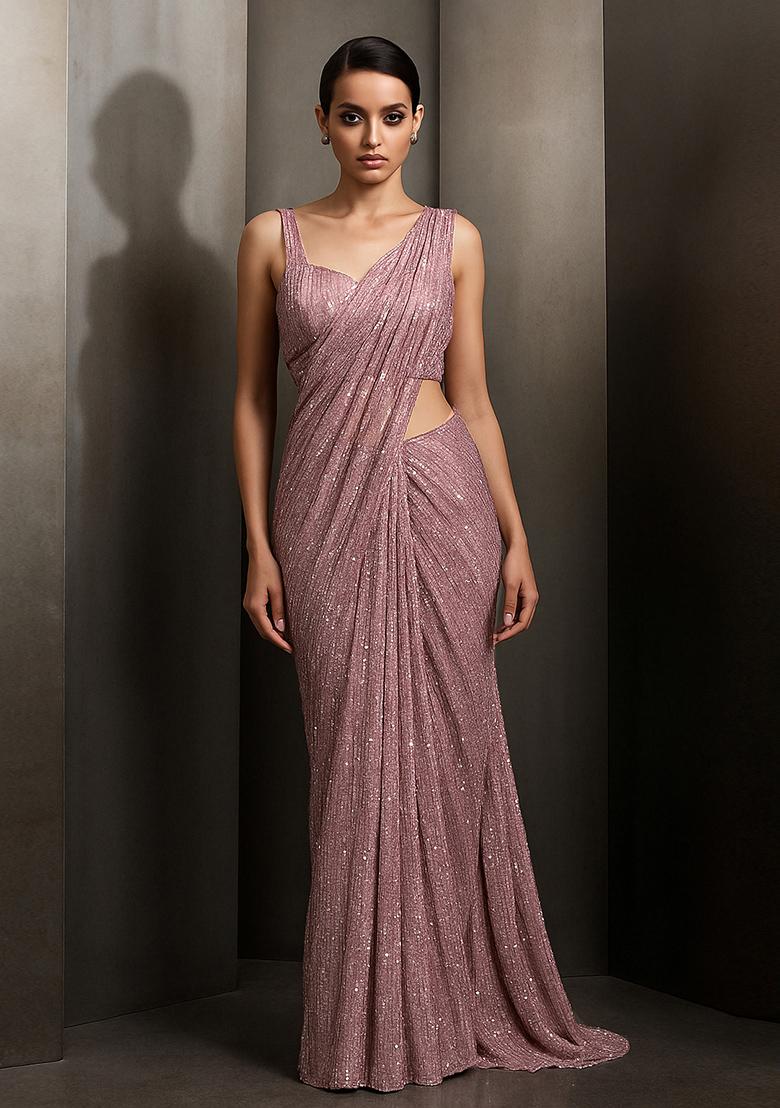 Grey Sequin Embellished Pre Draped Saree Set