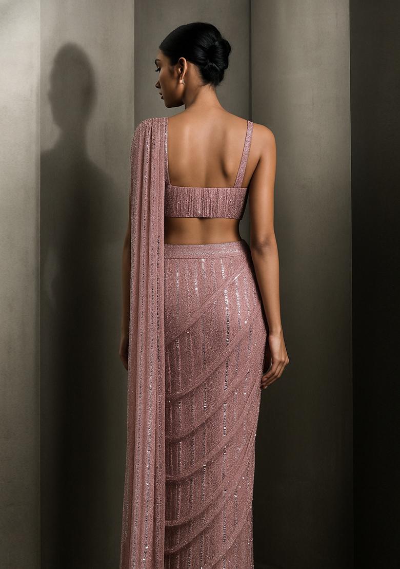 Grey Sequin Embellished Pre Draped Saree Set