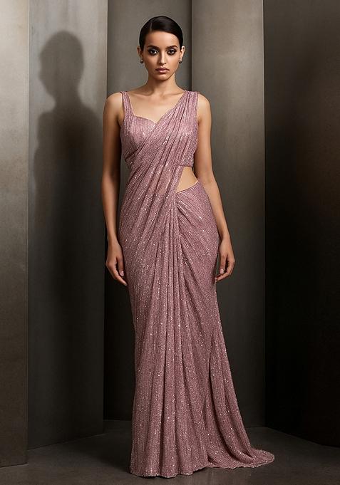 Grey Sequin Embellished Pre Draped Saree Set