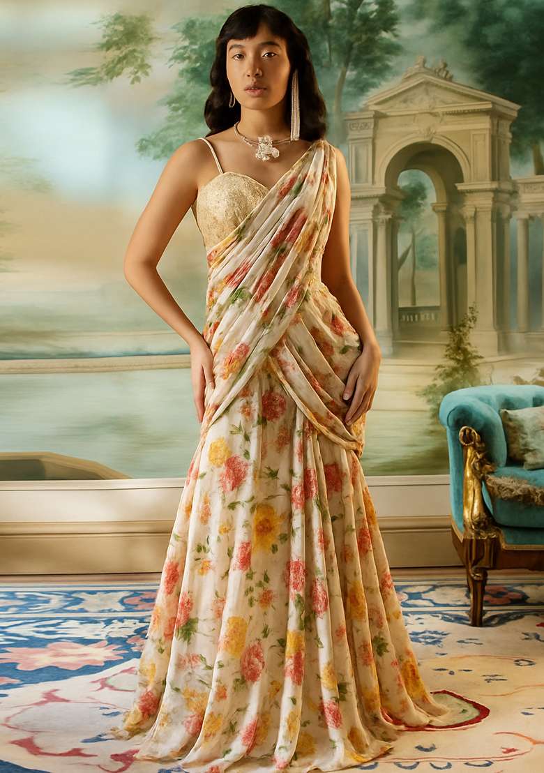 Beige Printed Chiffon Pre Draped Saree Set for Diwali and Festive Wear - Indya