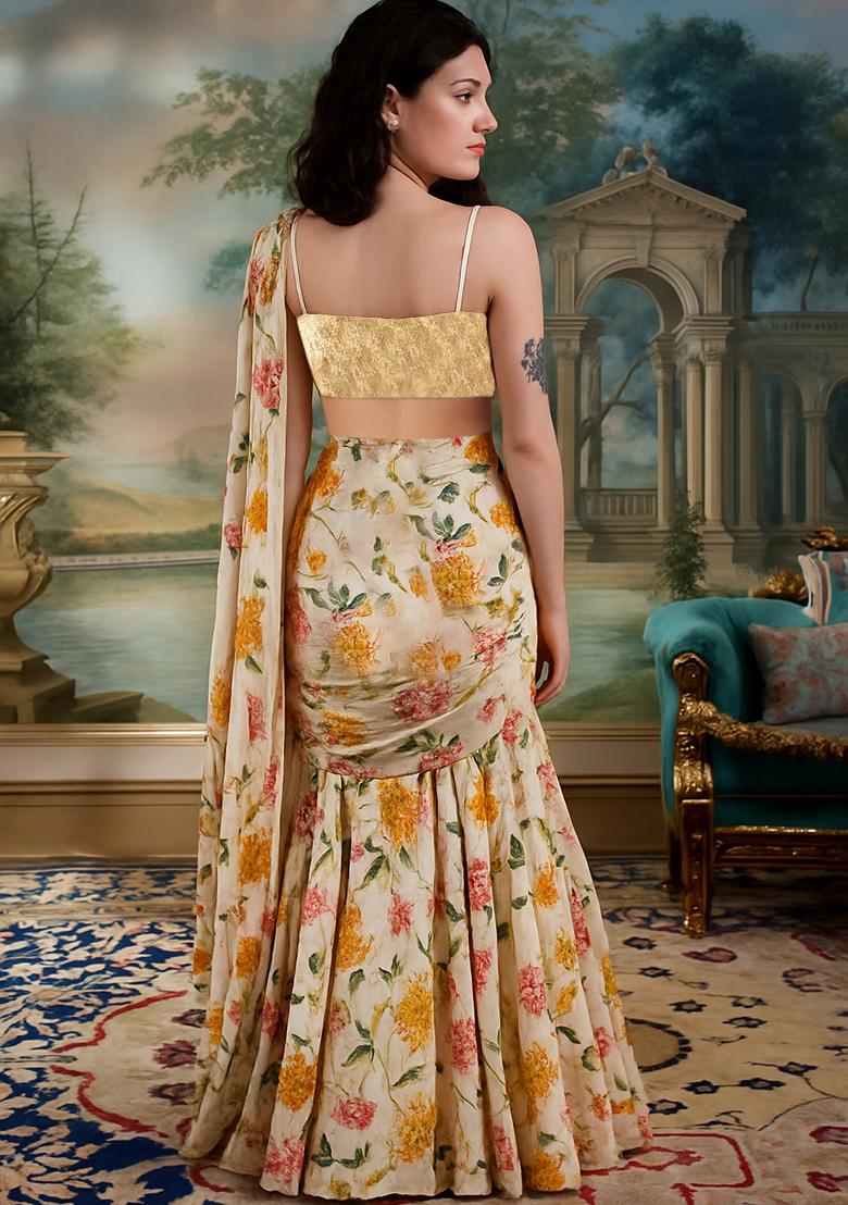 Beige Printed Chiffon Pre Draped Saree Set - Indya