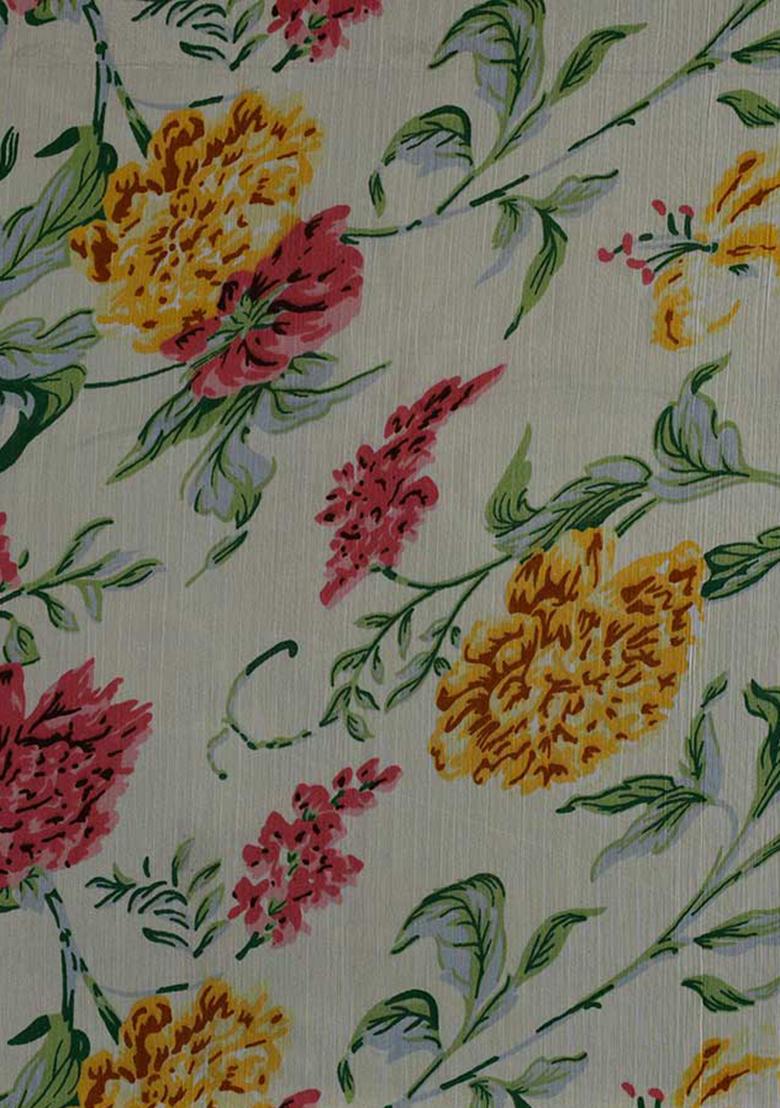 Beige Printed Chiffon Pre Draped Saree Set - Indya