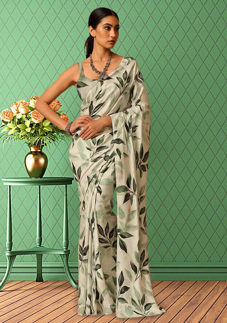 Beige Printed Satin Pre Draped Saree Set