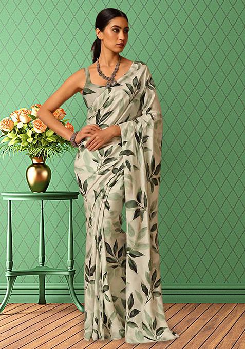 Beige Printed Satin Pre Draped Saree Set