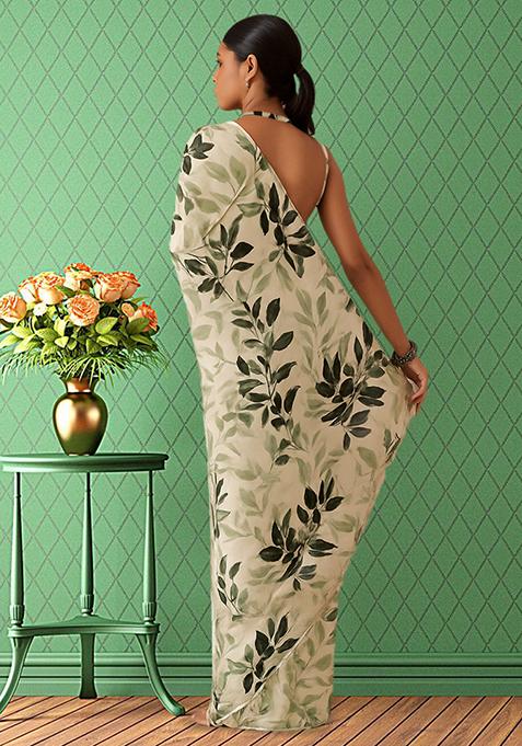 Beige Printed Satin Pre Draped Saree Set