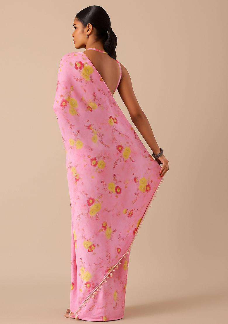 Pink Printed Satin Pre Draped Saree Set - Indya