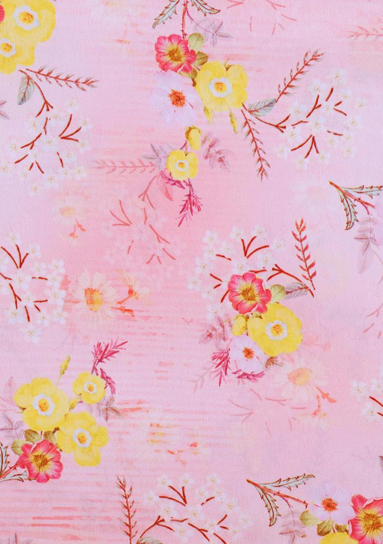 Pink Printed Satin Pre Draped Saree Set - Indya