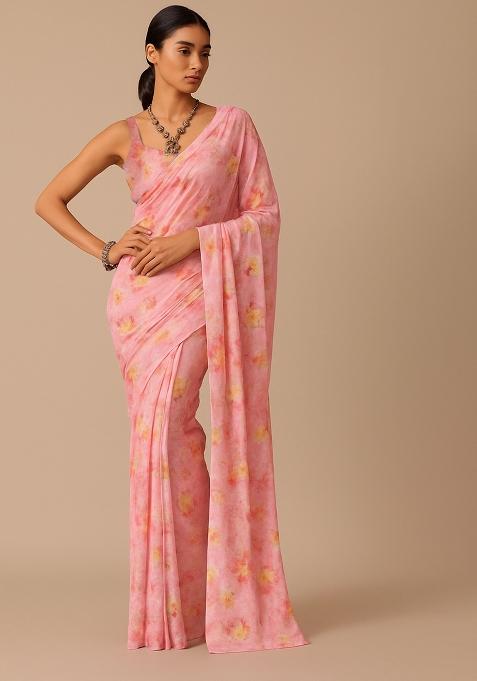 Pink Printed Satin Pre Draped Saree Set