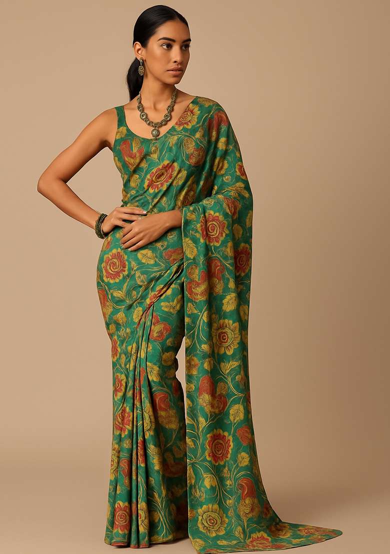 Green Printed Satin Pre Draped Saree Set - Indya