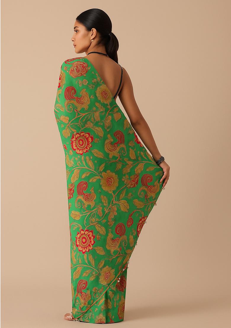 Green Printed Satin Pre Draped Saree Set - Indya