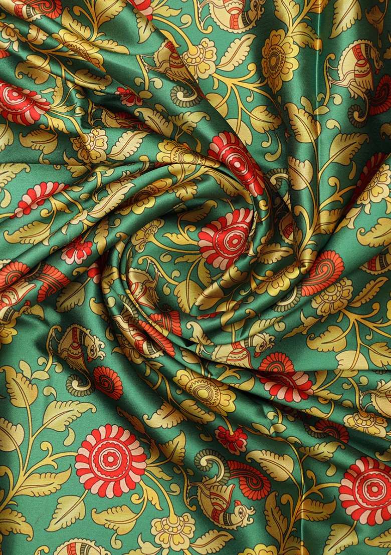 Green Printed Satin Pre Draped Saree Set - Indya