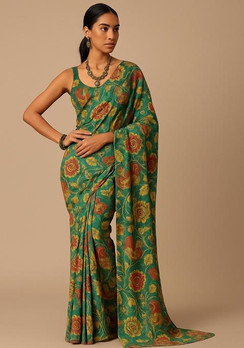 Green Printed Satin Pre Draped Saree Set