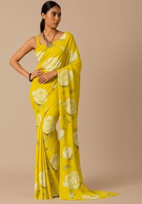 Yellow Printed Satin Pre Draped Saree Set