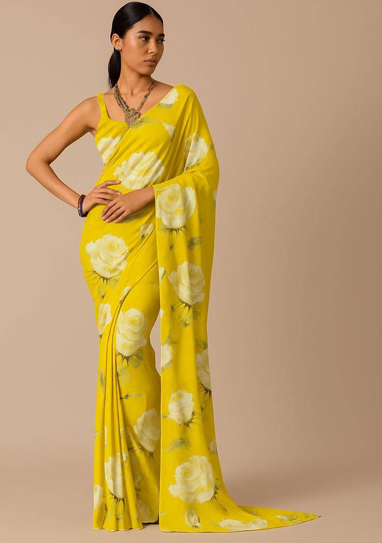 Yellow Printed Satin Pre Draped Saree Set