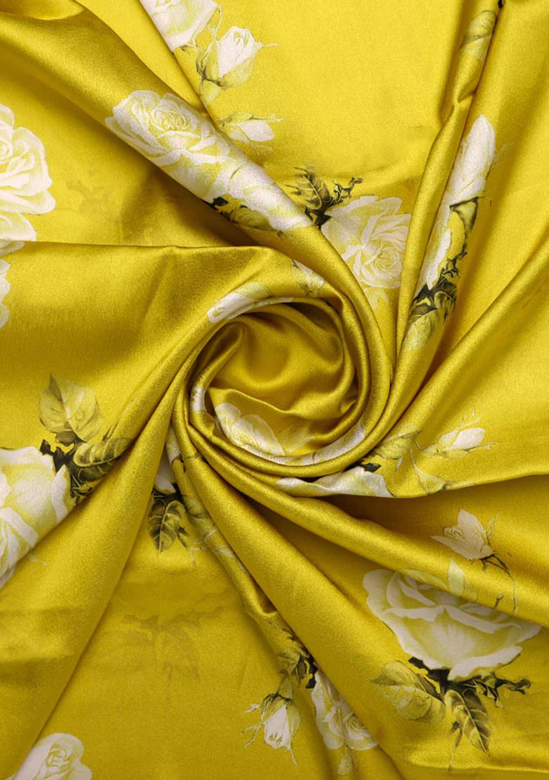 Yellow Printed Satin Pre Draped Saree Set