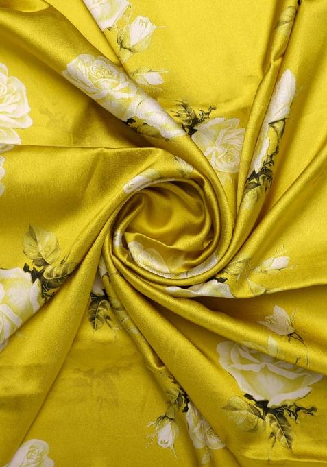 Yellow Printed Satin Pre Draped Saree Set