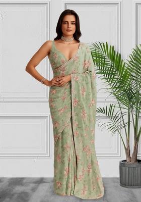 Grey Printed Satin Pre Draped Saree Set