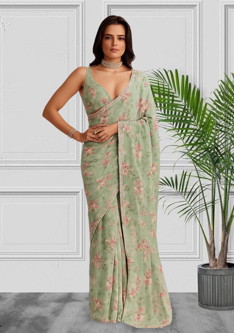 Grey Printed Satin Pre Draped Saree Set