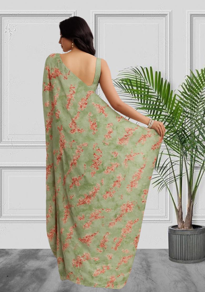 Grey Printed Satin Pre Draped Saree Set