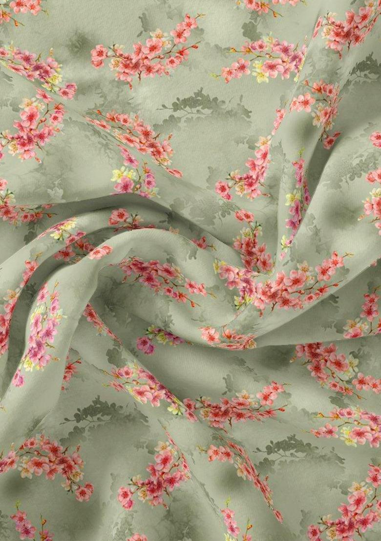 Grey Printed Satin Pre Draped Saree Set