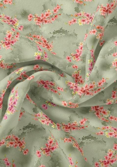 Grey Printed Satin Pre Draped Saree Set