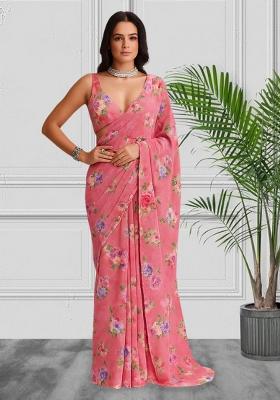 Pink Printed Satin Pre Draped Saree Set