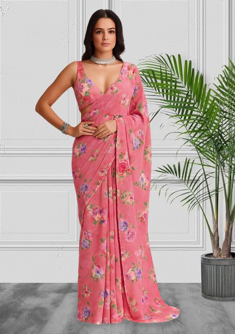 Pink Printed Satin Pre Draped Saree Set