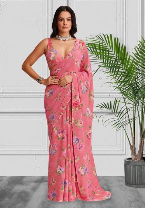 Pink Printed Satin Pre Draped Saree Set