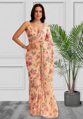 Beige Printed Satin Pre Draped Saree Set