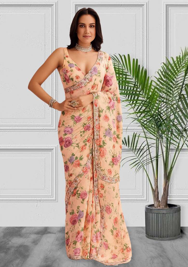 Beige Printed Satin Pre Draped Saree Set - Indya